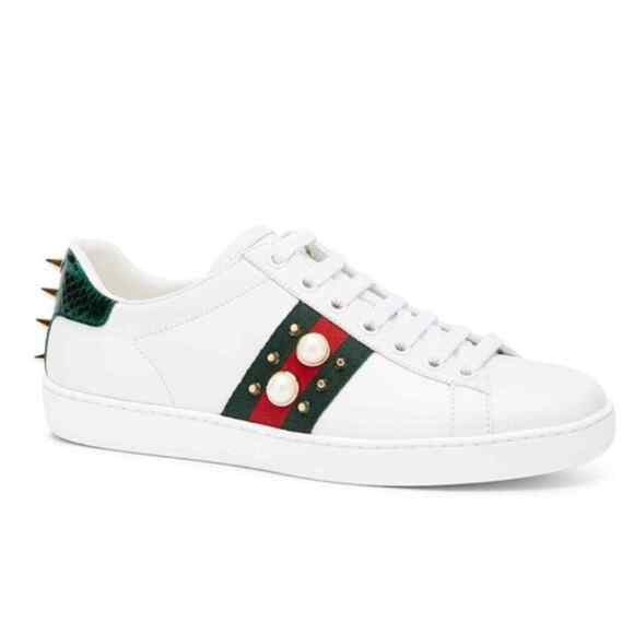 Gucci Ace Web Embellished Spikes & Studs White Leather Lace Up Sneakers EU 38 - Picture 3 of 8